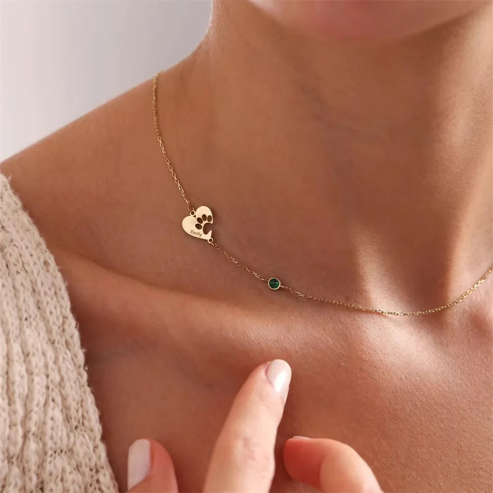 Personalized Pet Paw Heart Necklace with Names & Birthstone