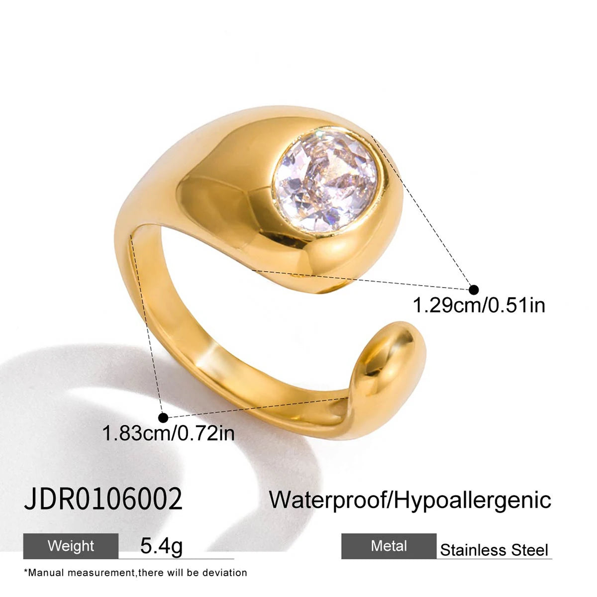 18k Gold Plated Stainless Steel Drop Cubic Zirconia Ring