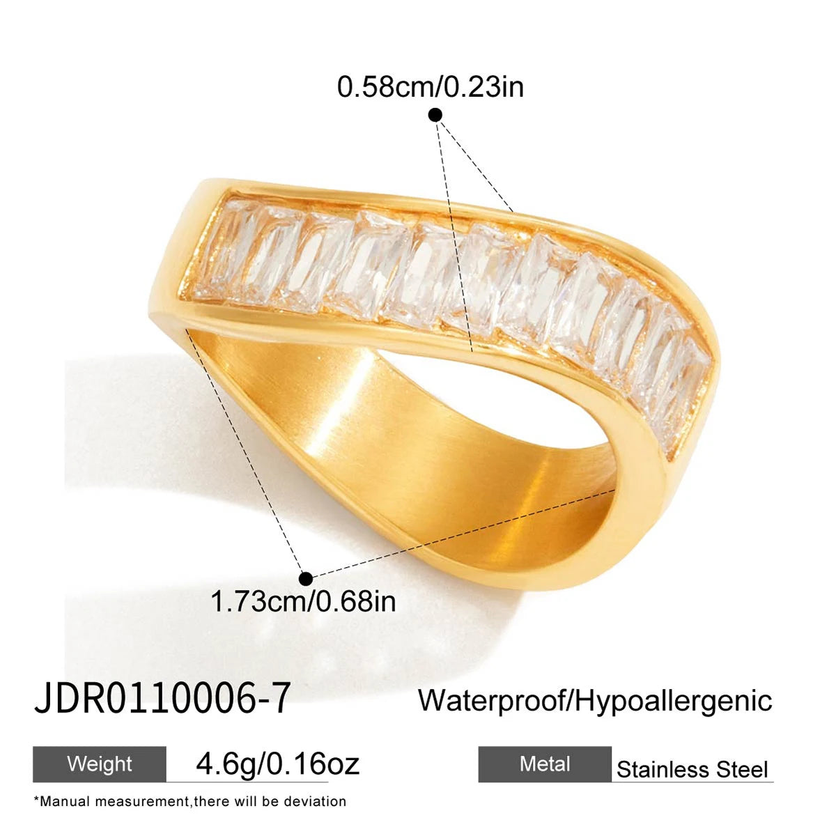 18k Gold Plated Stainless Steel Drop Cubic Zirconia Ring