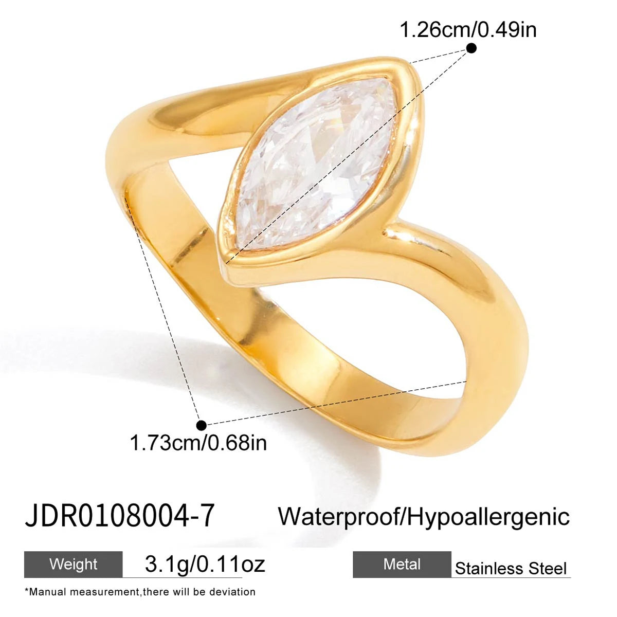 18k Gold Plated Stainless Steel Drop Cubic Zirconia Ring