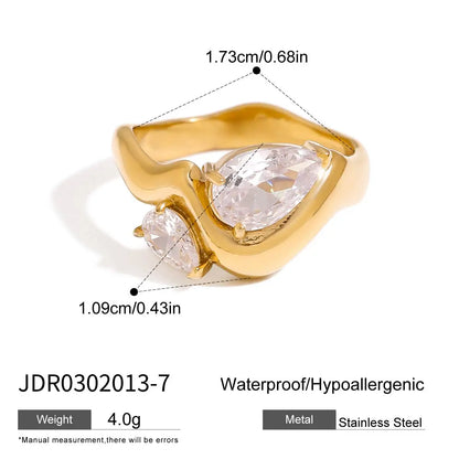 18k Gold Plated Stainless Steel Drop Cubic Zirconia Ring