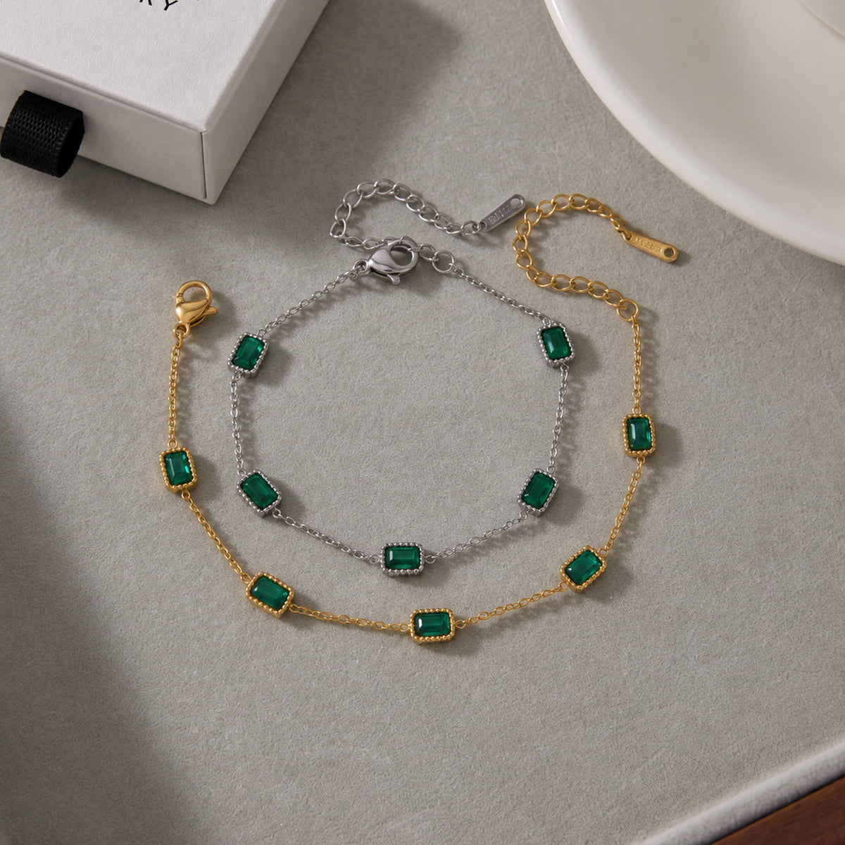 Emerald Green Stone Bracelet – Gold & Silver