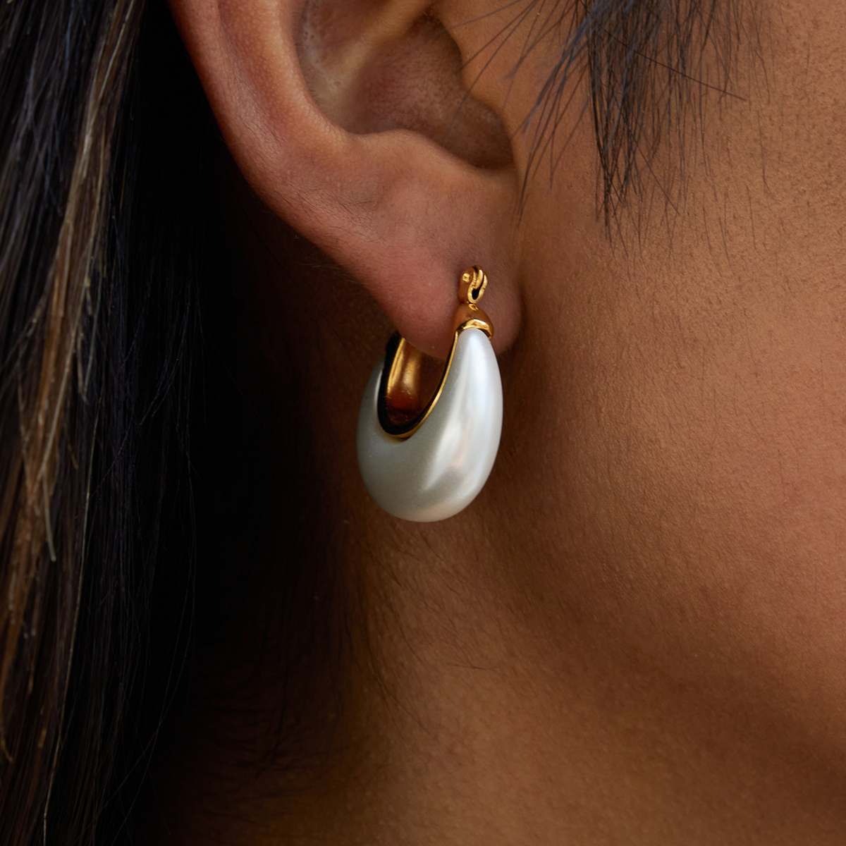 White Resin Pearl Hoop Earrings