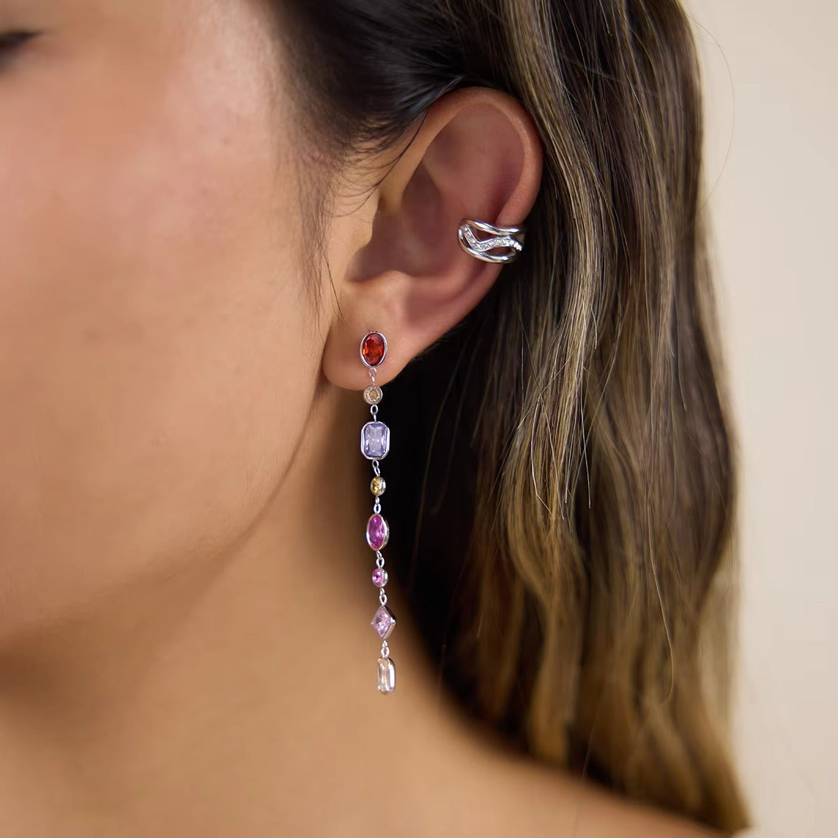 Zircon Geometric Tassel Earrings