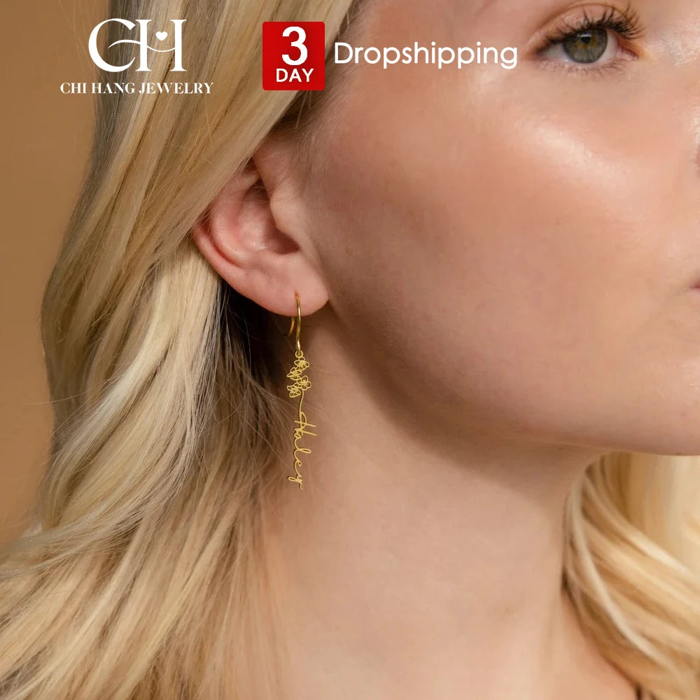 Personalized Birth Flower Name Earrings