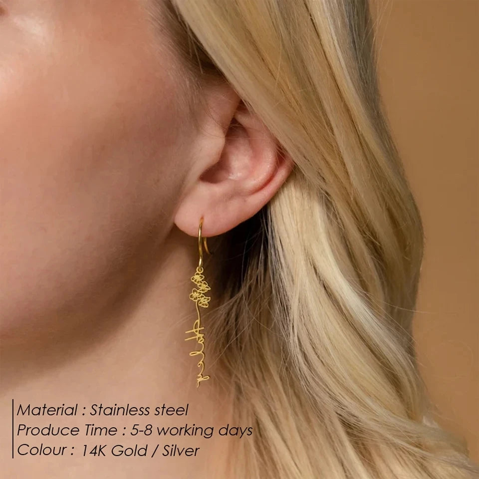 Personalized Birth Flower Name Earrings