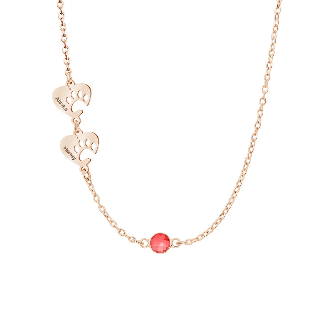 Personalized Pet Paw Heart Necklace with Names & Birthstone