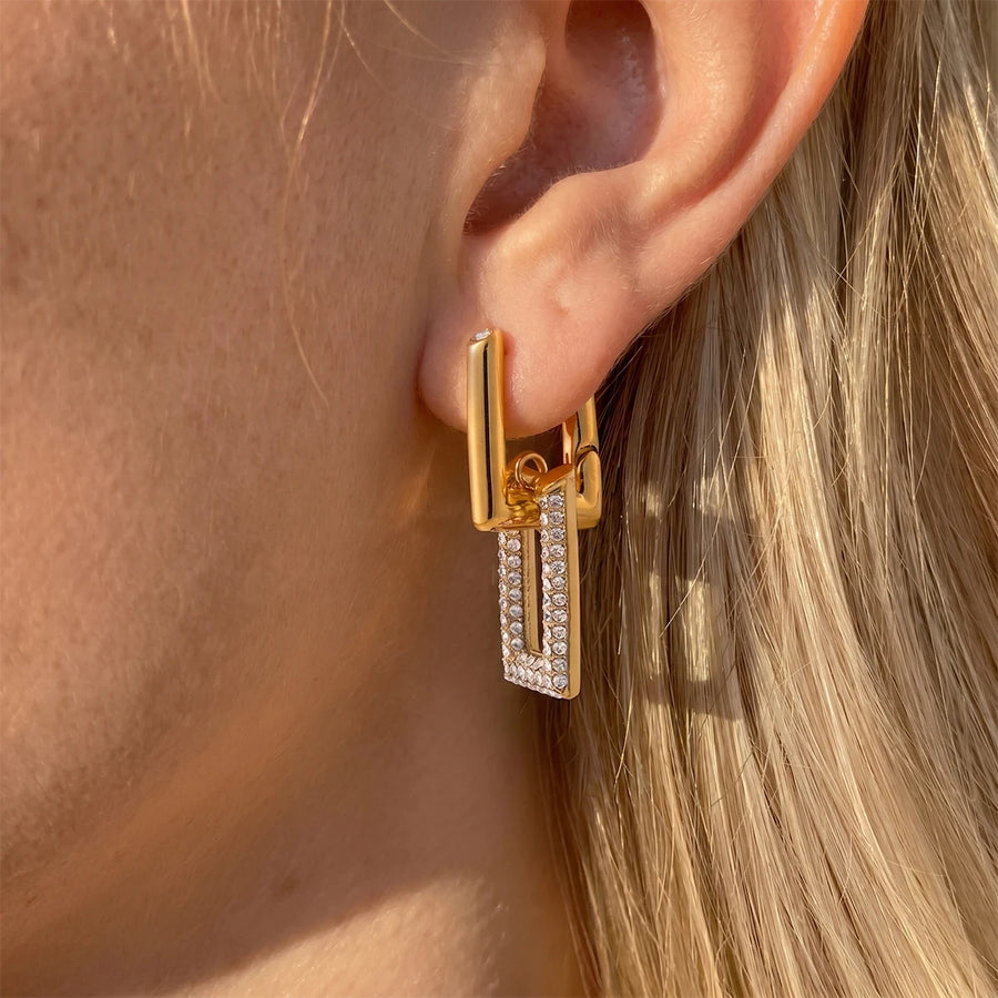Crystal Pave Geometric Drop Earrings – Gold & Silver