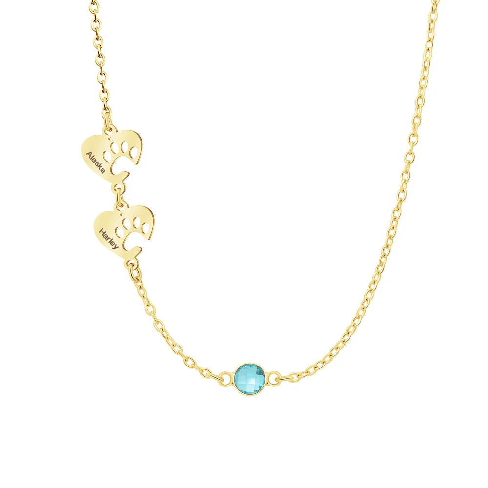 Personalized Pet Paw Heart Necklace with Names & Birthstone