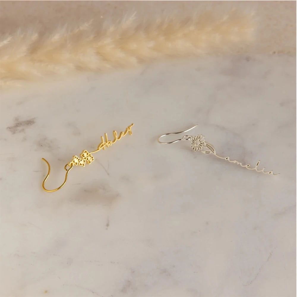 Personalized Birth Flower Name Earrings