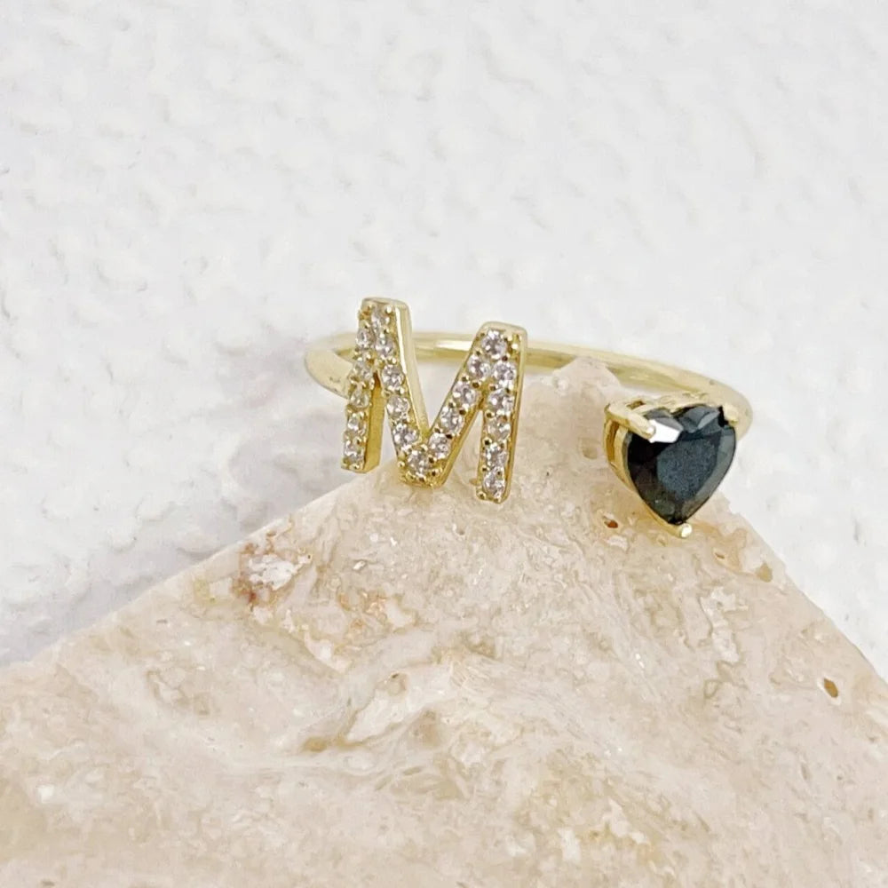 Personalized Initial Heart Birthstone Ring – 925 Sterling Silver Gold Plated
