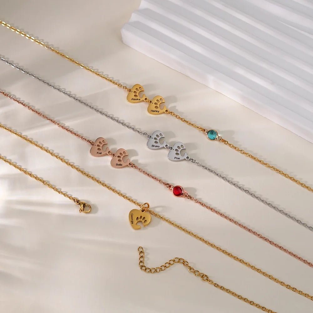 Personalized Pet Paw Heart Necklace with Names & Birthstone